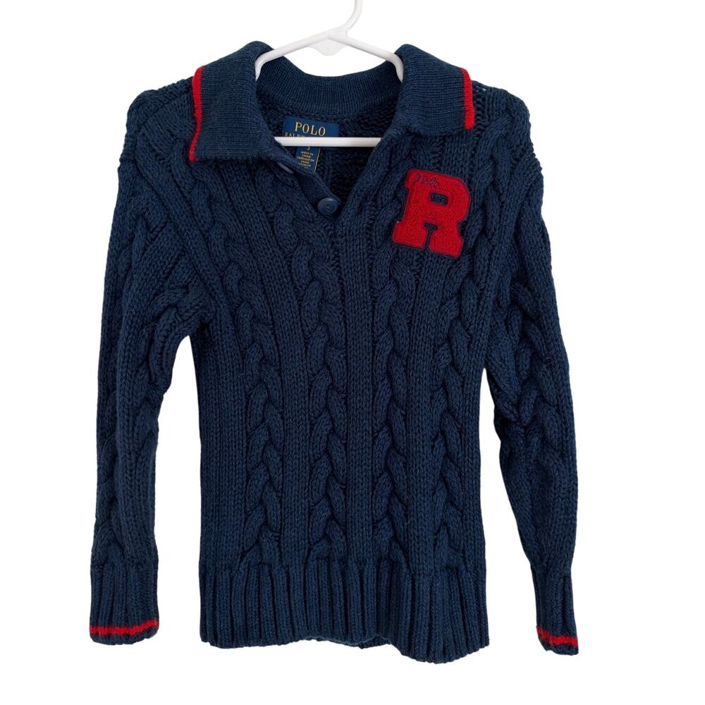 Polo Ralph Lauren Boys Cable‑Knit Sweater – Navy Wool Blend w/ Red Trim Size 3
